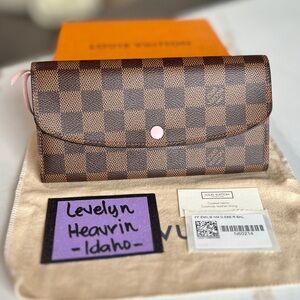 SOLD-Authentic Louis Vuitton Emilie Wallet Damier Ebene Pink